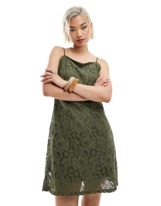 Vero Moda fyrkantig halslinne klänning i minilängd i olivgrön - Image 1