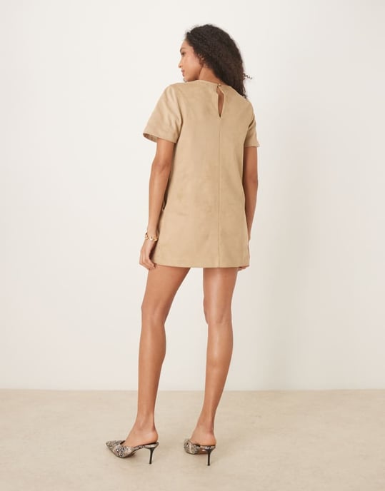 Abercrombie & Fitch kortärmad rundhalsad mockat-shirt miniklänning i ljusbrun - Image 3