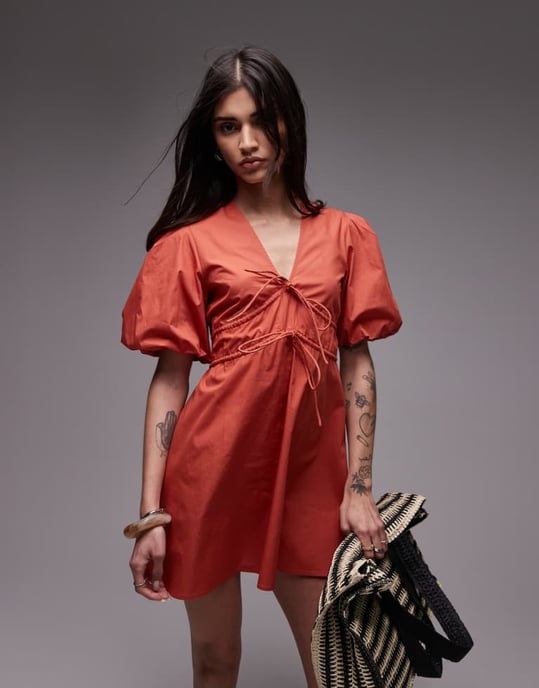 Topshop V-ringad puffärmad miniklänning i rostbrun - Image 3