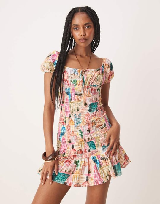 ASOS DESIGN bardot knyt-fram shirred miniklänning i blommönster - Image 1