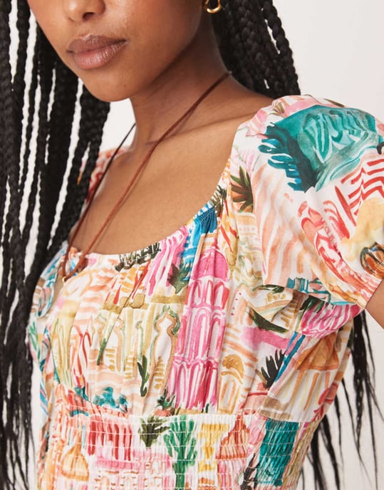 ASOS DESIGN bardot knyt-fram shirred miniklänning i blommönster - Image 2