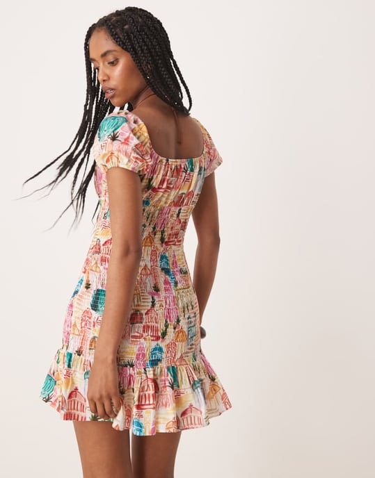 ASOS DESIGN bardot knyt-fram shirred miniklänning i blommönster - Image 4
