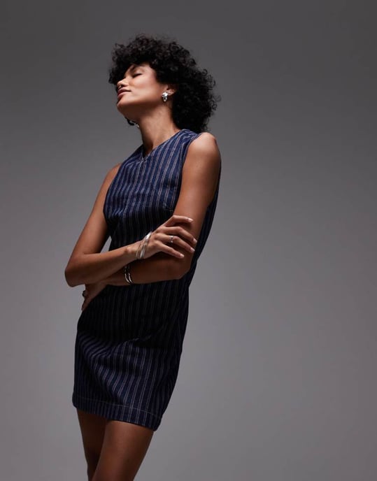 Topshop denim v-ringad mini klänning i röd och indigo rand - Image 2
