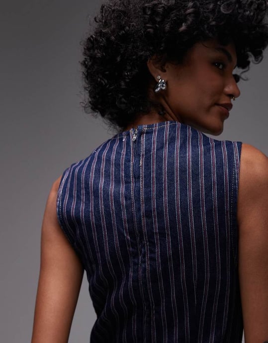 Topshop denim v-ringad mini klänning i röd och indigo rand - Image 3