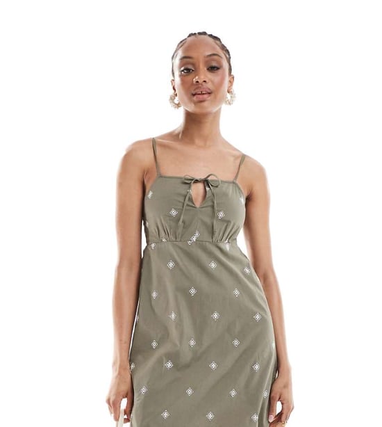 ENDAST Lång broderad detalj mini camisole klänning i khaki - Image 1