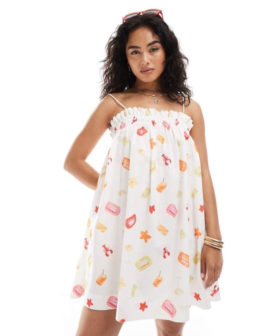 Miss Selfridge linne smock mini i frukttryck - Image 1