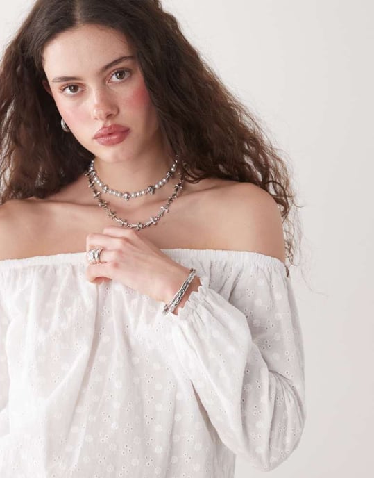 Motel Melisandre broderad off-shoulder mini smockklänning i elfenben - Image 3