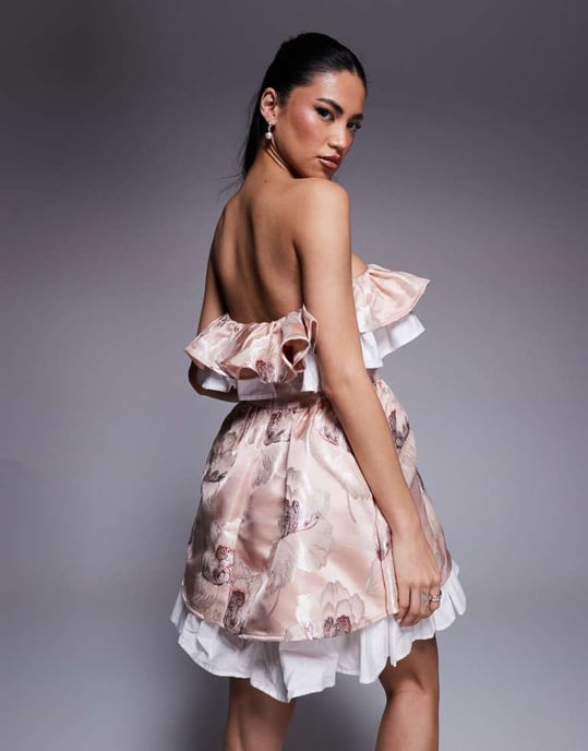 ASOS LUXE jacquard bandeau skater miniklänning med veckat poplin i blommönster - Image 2