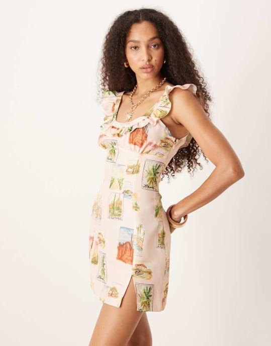 ASOS DESIGN mini klänning med fyrkantig halsringning och volangdetaljer i aussie-mönster - Image 2
