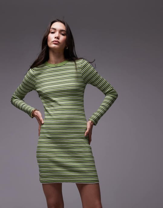 Topshop randig långärmad miniklänning i grön - Image 1
