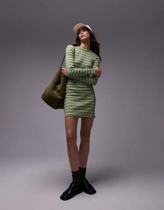 Topshop randig långärmad miniklänning i grön - Image 2