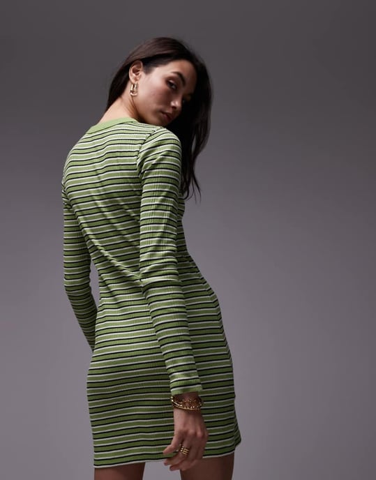 Topshop randig långärmad miniklänning i grön - Image 3