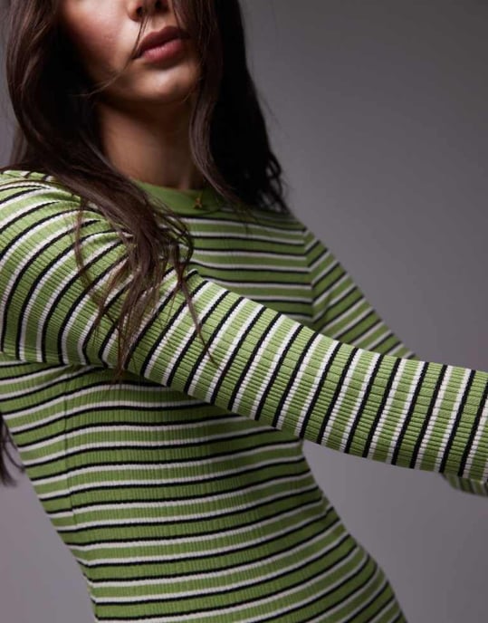 Topshop randig långärmad miniklänning i grön - Image 4