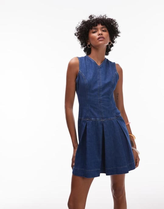 Topshop denim v-ringadasklänning med veck i midblått - Image 1