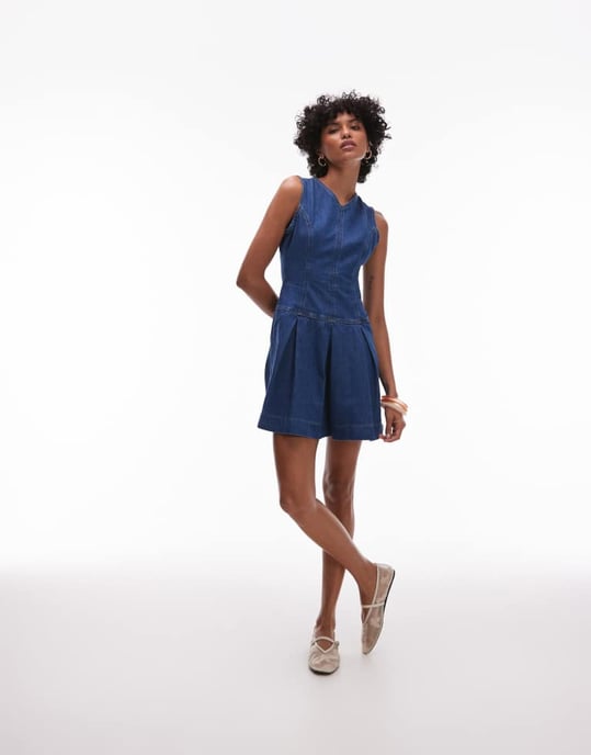 Topshop denim v-ringadasklänning med veck i midblått - Image 2
