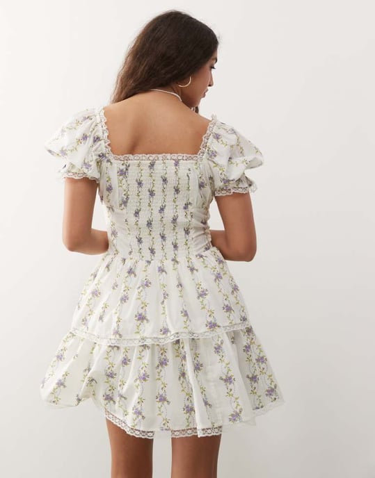 Miss Selfridge korsett mini klänning i blå tapetblommönster - Image 4