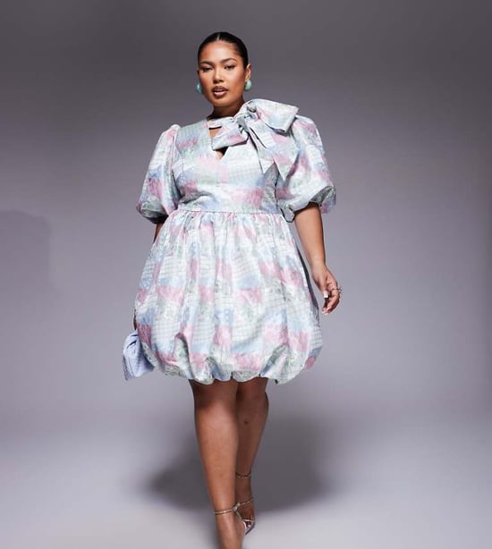 ASOS LUXE Curve jacquard puffärmad mini klänning med rosett i flerfärgad lapptäcktsprint - Image 1