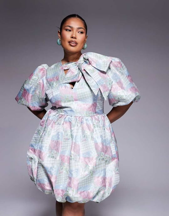 ASOS LUXE Curve jacquard puffärmad mini klänning med rosett i flerfärgad lapptäcktsprint - Image 2