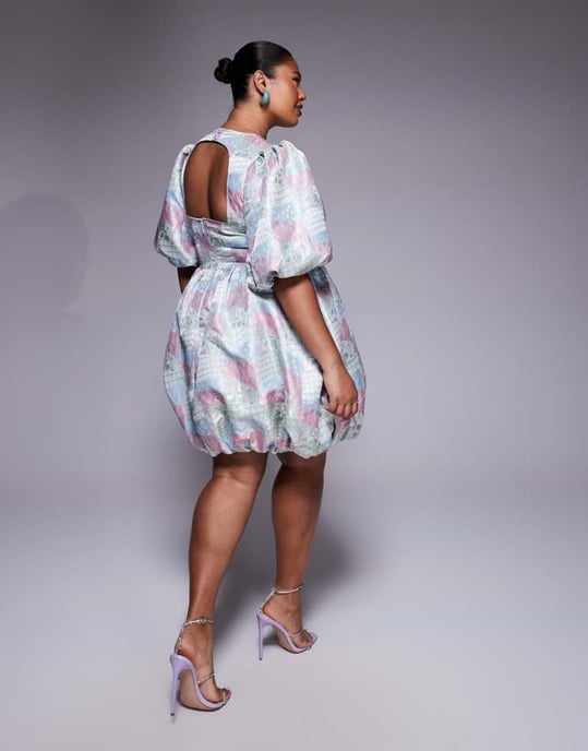 ASOS LUXE Curve jacquard puffärmad mini klänning med rosett i flerfärgad lapptäcktsprint - Image 3