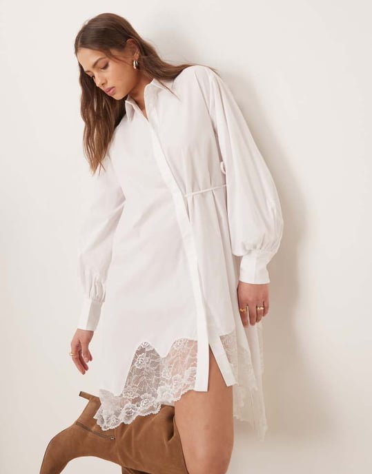ASOS DESIGN skjortklänning med sidband och spetsasymmetrisk fåll i vitt - Image 2