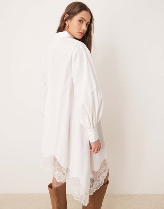 ASOS DESIGN skjortklänning med sidband och spetsasymmetrisk fåll i vitt - Image 4