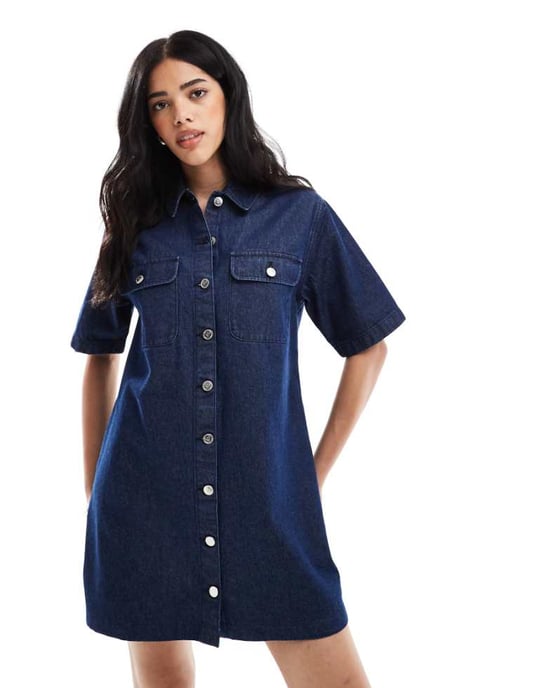 Miss Selfridge oversized jeanskjol i indigo tvätt med kort ärm - Image 1