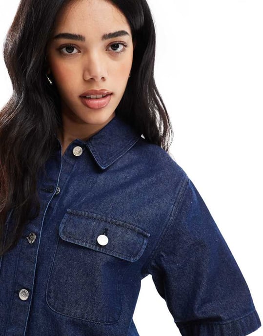 Miss Selfridge oversized jeanskjol i indigo tvätt med kort ärm - Image 2