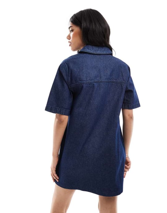 Miss Selfridge oversized jeanskjol i indigo tvätt med kort ärm - Image 4