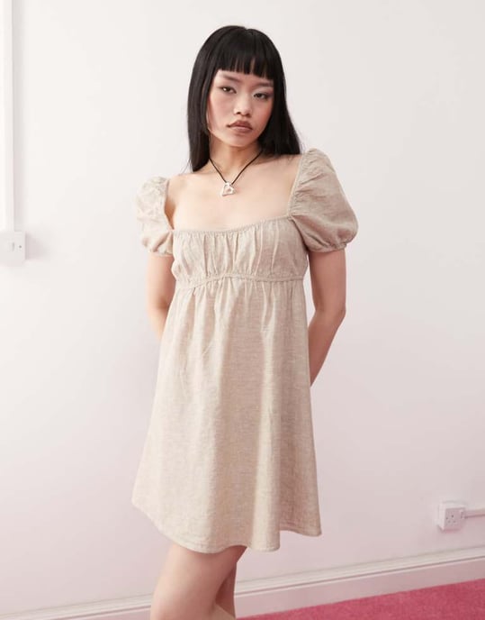 Monki linne puffärm mini klänning i beige - Image 1