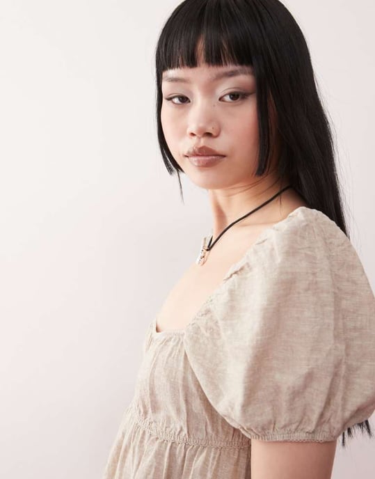 Monki linne puffärm mini klänning i beige - Image 2
