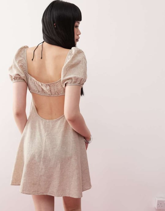 Monki linne puffärm mini klänning i beige - Image 3