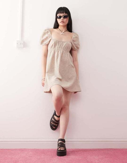 Monki linne puffärm mini klänning i beige - Image 4