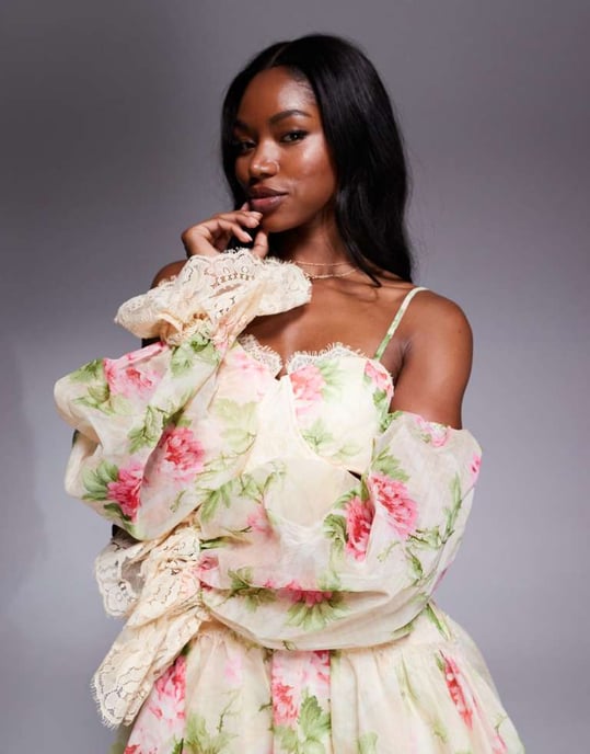 ASOS LUXE mönstrad skater miniklänning med spetsutskärning i smörblommor - Image 3