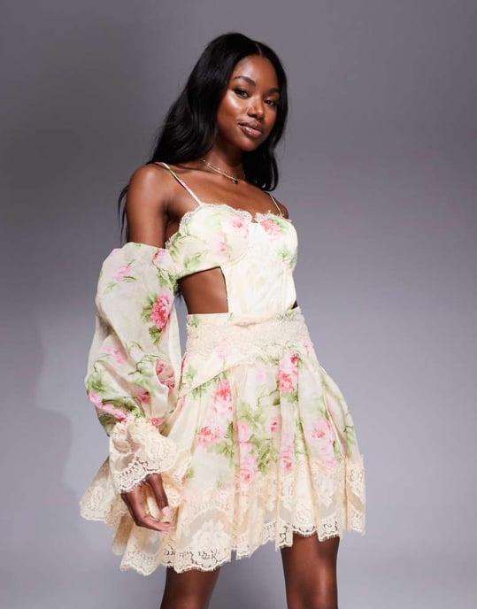 ASOS LUXE mönstrad skater miniklänning med spetsutskärning i smörblommor - Image 4