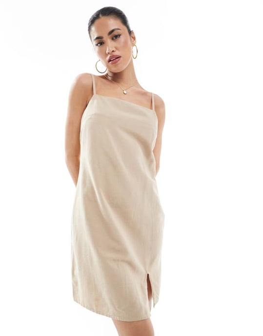 ENDAST linneblandning cami miniklänning i beige - Image 2