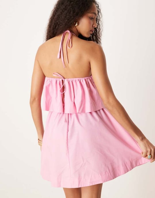 ASOS DESIGN halterneck öppen rygg dubbel lager mini klänning i rosa - Image 4