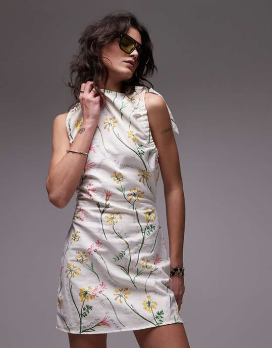 Topshop miniklänning i lin med knytband och blommönster - Image 1