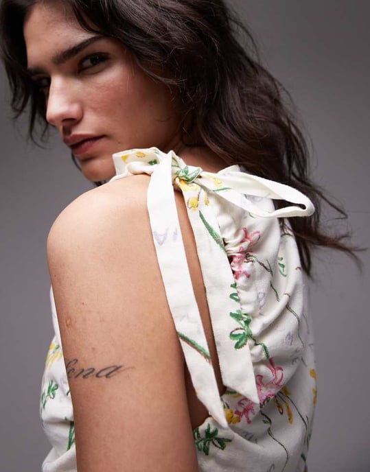 Topshop miniklänning i lin med knytband och blommönster - Image 3