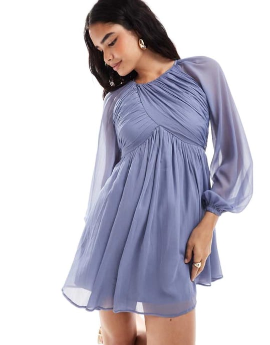 ASOS DESIGN raglanärmig svajande miniklänning med öppen rygg i dammig blå - Image 1