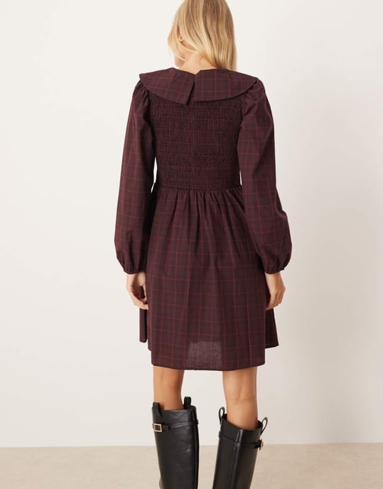 YAS krage smock mini klänning i vinröd rutigt - Image 3