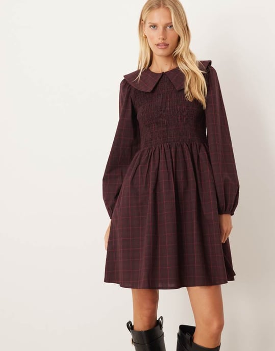 YAS krage smock mini klänning i vinröd rutigt - Image 4