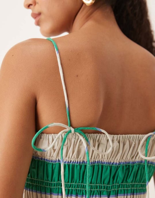 ASOS DESIGN rynkad byst bomullspoplin miniklänning i grön och lila rand - Image 3