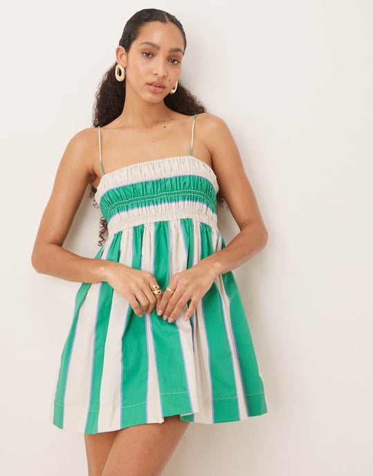 ASOS DESIGN rynkad byst bomullspoplin miniklänning i grön och lila rand - Image 4