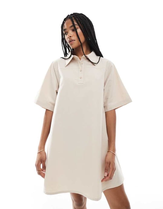 ASOS DESIGN linneblandning pikétröja mini klänning i neutral - Image 2