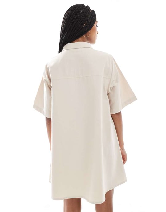 ASOS DESIGN linneblandning pikétröja mini klänning i neutral - Image 4