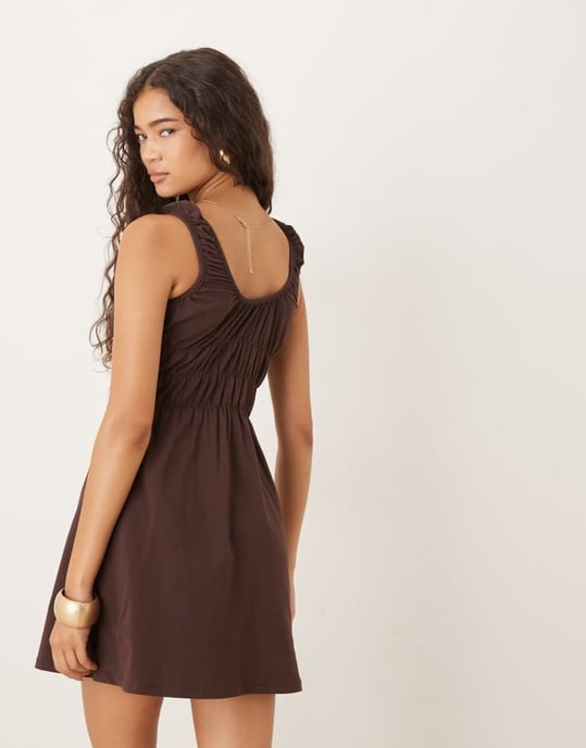 ASOS DESIGN prairie rynkad bust mini klänning i choklad - Image 3