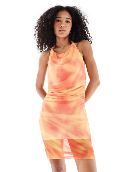 Vero Moda mesh halterneck miniklänning i sunset tiedye-mönster - Image 3