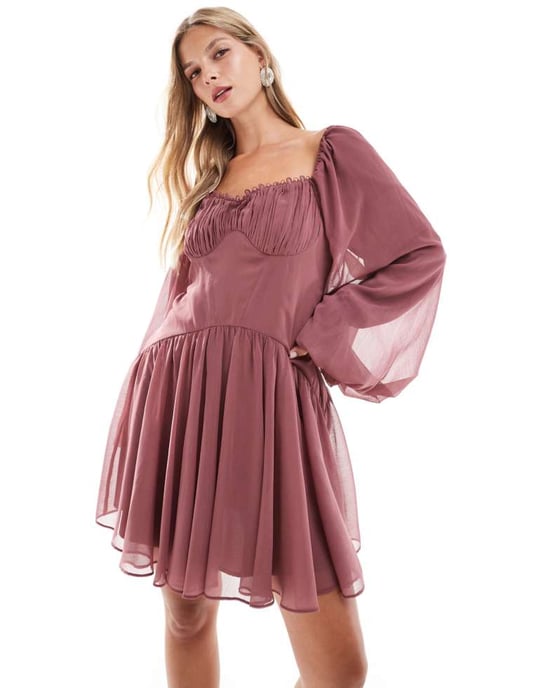 ASOS DESIGN puffärmad chiffong snörning mini skaterklänning i bär - Image 4