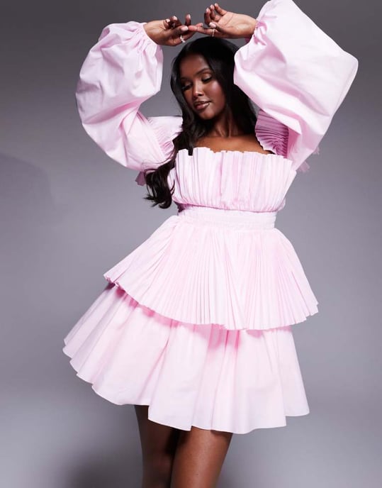 ASOS LUXE bomullspoplin extremt veckad skaterklänning i rosa - Image 3