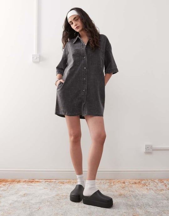 Noisy May denim mini skjortklänning i tvättad grå - Image 3